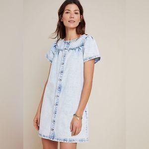 Anthropologie Steele Edith Washed Denim Button Puff Sleeve Cotton Tunic Dress